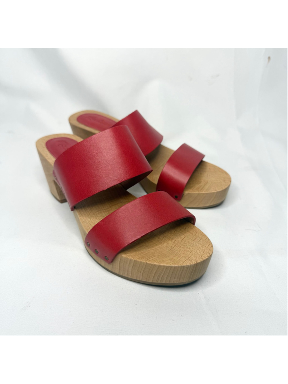 Women's Madewell Red Leather Wooden Geel Clog Sandals Size 5.5
